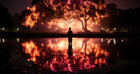 the person is watching the fireworks set off - obrazy, fototapety, plakaty