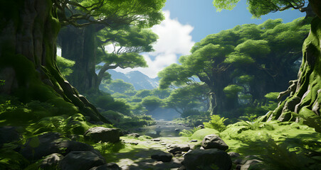 an illustration of an area of green with large trees and rocks - Powered by Adobe