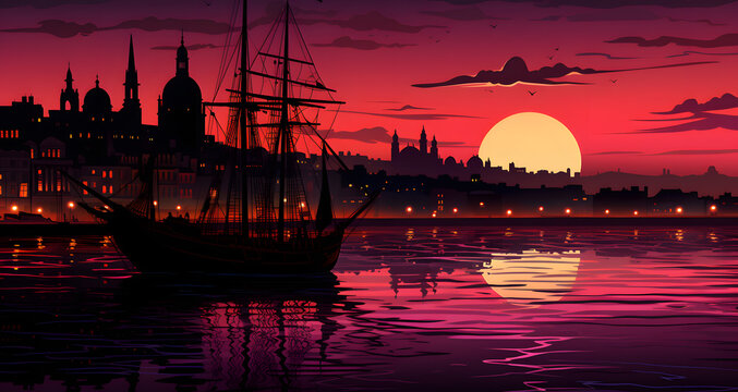 an illustration of a city in the night with a sail