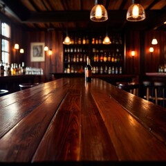 Fototapeta na wymiar Blank empty wooden table in restaurant bar for product mockup photography