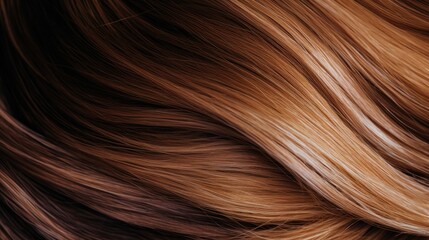 Brown hair close-up as a background. Women's long orange hair. Beautifully styled wavy shiny curls. Hair coloring bright shades. Hairdressing procedures, extension.