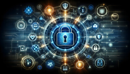 Obraz premium Digital encryption and cybersecurity icons in a virtual setting. A visualization of cybersecurity concepts through icons