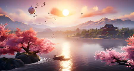 there is an animated scene with a landscape of flowers and boats