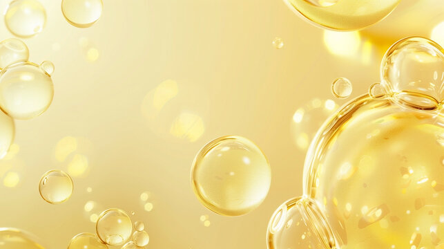 Oil bubbles collagen skin serum on gold yellow background. concept skin care cosmetics.
