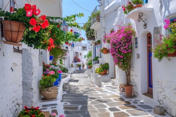 Fototapeta na wymiar Narrow street white walls flowerpots Greece
