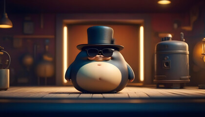 A chubby person wearing a fedora and sunglasses in the cartoon art - obrazy, fototapety, plakaty
