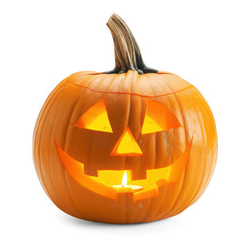 A carved pumpkin with a glowing candle inside, isolated on transparent background. Spooky Halloween Decoration Pumpkin cutout clipart