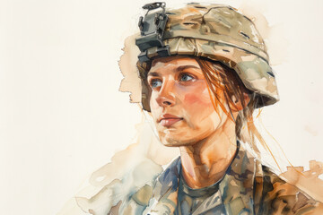 Brown watercolor painting of a military personnel, army woman