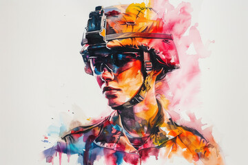 Colorful watercolor painting of a military personnel, army woman