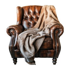 Cozy Throw Blanket on Leather Armchair Isolated on Transparent Background