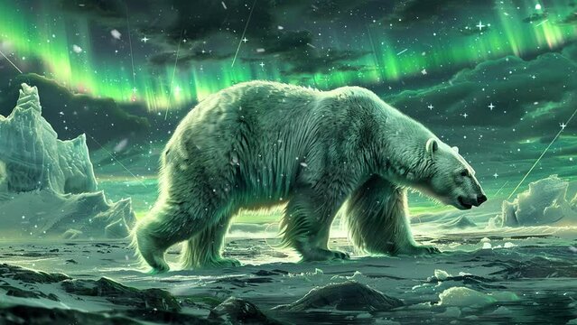 artwork featuring a majestic polar bear traversing. a bear with aurora borealis sky. seamless looping overlay 4k virtual video animation background