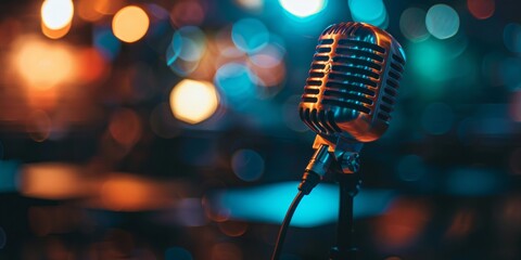 Classic vintage microphone against a vivid bokeh light background, symbolizing performance and...
