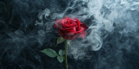 A single red rose emerging from swirling smoke, suggesting mystery and romance in a dark setting.