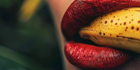 A conceptual close-up shot of glossy red lips sensually holding a ripe banana, creating a striking visual contrast.