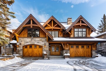 The sky is overcast with clouds as snow blankets a large house with wooden garage doors. The building stands in a residential area with trees and windows adorned with frost - Powered by Adobe