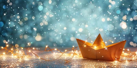 A magical paper boat adorned with fairy lights rests on a glittery surface against a dreamy bokeh background.