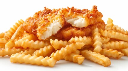 Golden crispy fish and chips food photography isolated on white background, tempting and delicious