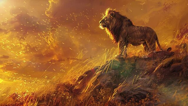 digital painting of a regal lion surveying its kingdom. seamless looping overlay 4k virtual video animation background