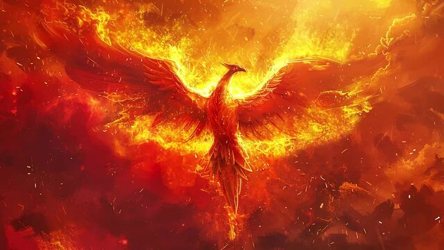 digital painting of a majestic phoenix. illustration of majestic phoenix. seamless looping overlay 4k virtual video animation background