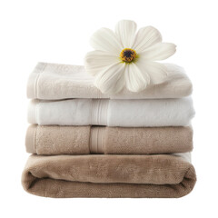 Stack of Fresh Towels with a Delicate Flower on top of stack towels.Stack of Luxury Bath towels cutout clipart