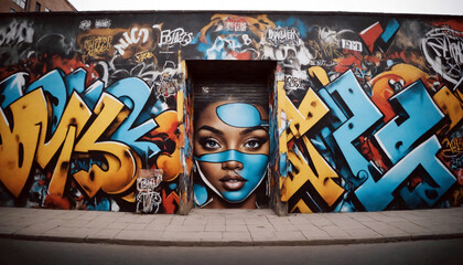 Woman face full graffiti on a street wall