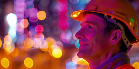 Fototapeta premium A construction worker in a hard hat smiles during a night shift, illuminated by vibrant city lights.