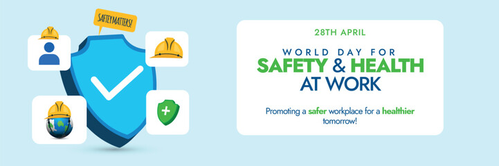 World Day For Safety and Health at Work.28th April World day for safety and health at work cover banner with protection shield and icons around it to promote safety measures for workers safety.