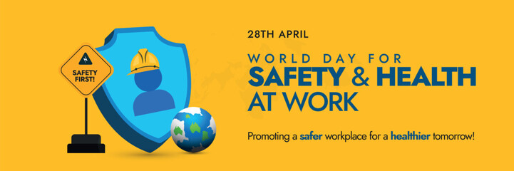 World Day for Safety and Health at Work.28th April World day for safety and health at work celebration and awareness cover banner to promote workers, staff members health and safety. Workers rights. - obrazy, fototapety, plakaty