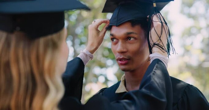 Ready, graduation cap or graduates on campus in university or college event to celebrate school diploma. Outdoor, scholarship or man with hat or education goals in nature or park for students success