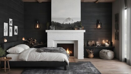 cozy rustic bedroom with fireplace, white farmhouse contemporary decor