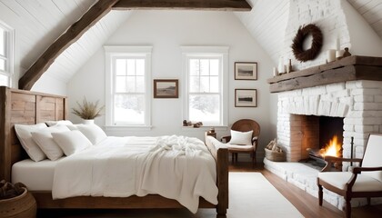 cozy rustic bedroom with fireplace, white farmhouse contemporary decor