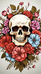 Skull Surrounded by Colorful Flowers Illustration


