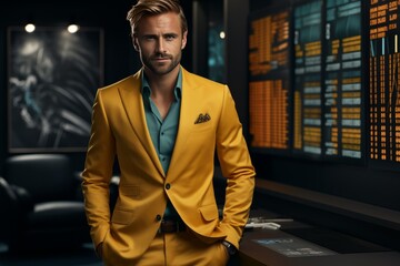 Man in Yellow Suit Standing Before Wall