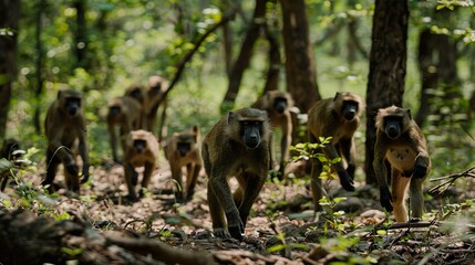 A troop of baboons foraging for food in the forest, their social hierarchy evident in their interactions