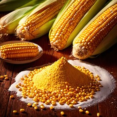 Fresh corn with corn meal and corn flour, processed cooking ingredients