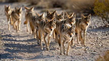 A pack of coyotes roaming through the desert, their keen senses alert for signs of prey