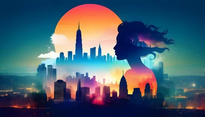 Foto op Canvas A double exposed image of a goddess silhouette against a city skyline at sunset © Iqra