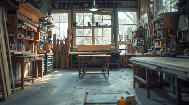 Organized woodshop interior with tools, workbench, and natural light