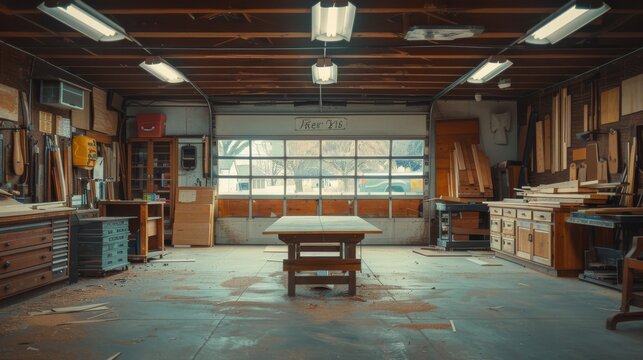 Empty woodshop interior with tools, workbench, and equipment