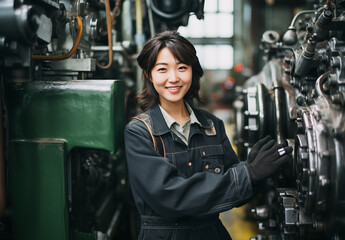 工場の機械の中で働く作業服姿の若いアジア人女性（メカニック・工事・倉庫・建築・建設・点検・製造）
