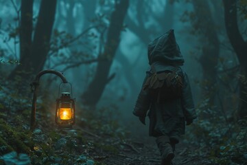 Goblin wandering with a lantern through a dense, foggy forest, curious eyes, twilight, wide shot, mysterious adventure