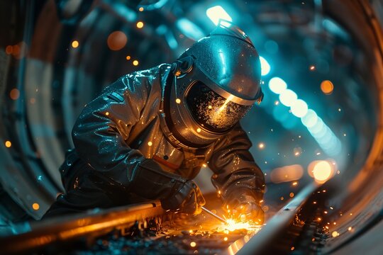 Engineer in exosuit welding hyperloop track, sparks flying, night, dramatic backlighting, actionpacked angle
