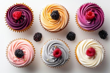 Assorted vegan cupcakes with colorful frosting and fresh berries top view