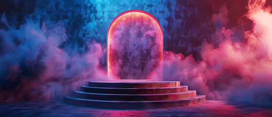 Mystical Stage with Ethereal Pink and Blue Smoke - obrazy, fototapety, plakaty