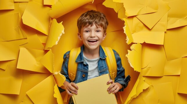 Child boy with book and bag breaking through color paper wall. Back to school concept.