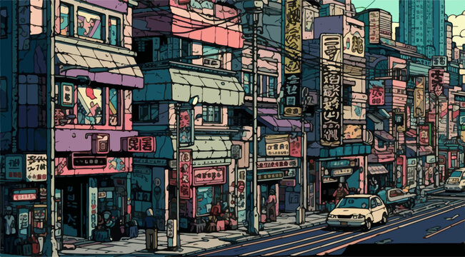 Illustration of Busy East Asian Street with Shops and Neon Signage
