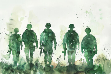 Green watercolor painting of a group of soldiers in combat equipment