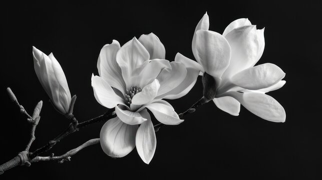 Close up of black and white flowers of a magnolia tree on isolated background. generative AI image