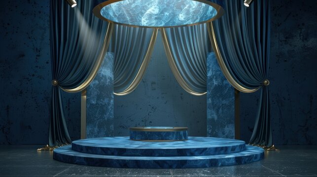 3d podium and fabric curtain on luxury blue background. generative AI image
