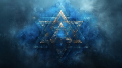 A series of overlapping triangles in shades of blue forming a starlike shape known as the Sri Yantra often associated with manifestation and spiritual enlightenment.